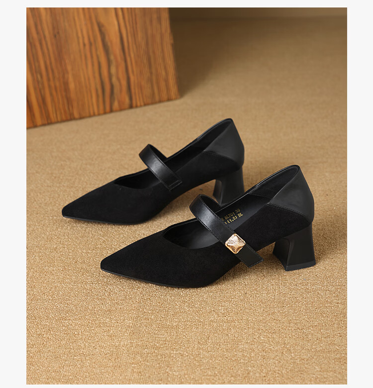 ZHR Pointed Toe Mary Jane Shoes for Women 2026 Spring New Thick Heel Suede Retro Versatile High Heels BL701 Black Size 34 14