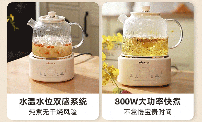 Bear All-Glass Health Kettle 0 Metal 0 Glue 0 Seam Multifunctional Tea Kettle Flower Tea Kettle Constant Temperature Kettle Electric Kettle Tea Maker Water Boiler with Filter YSH-P10R8 5