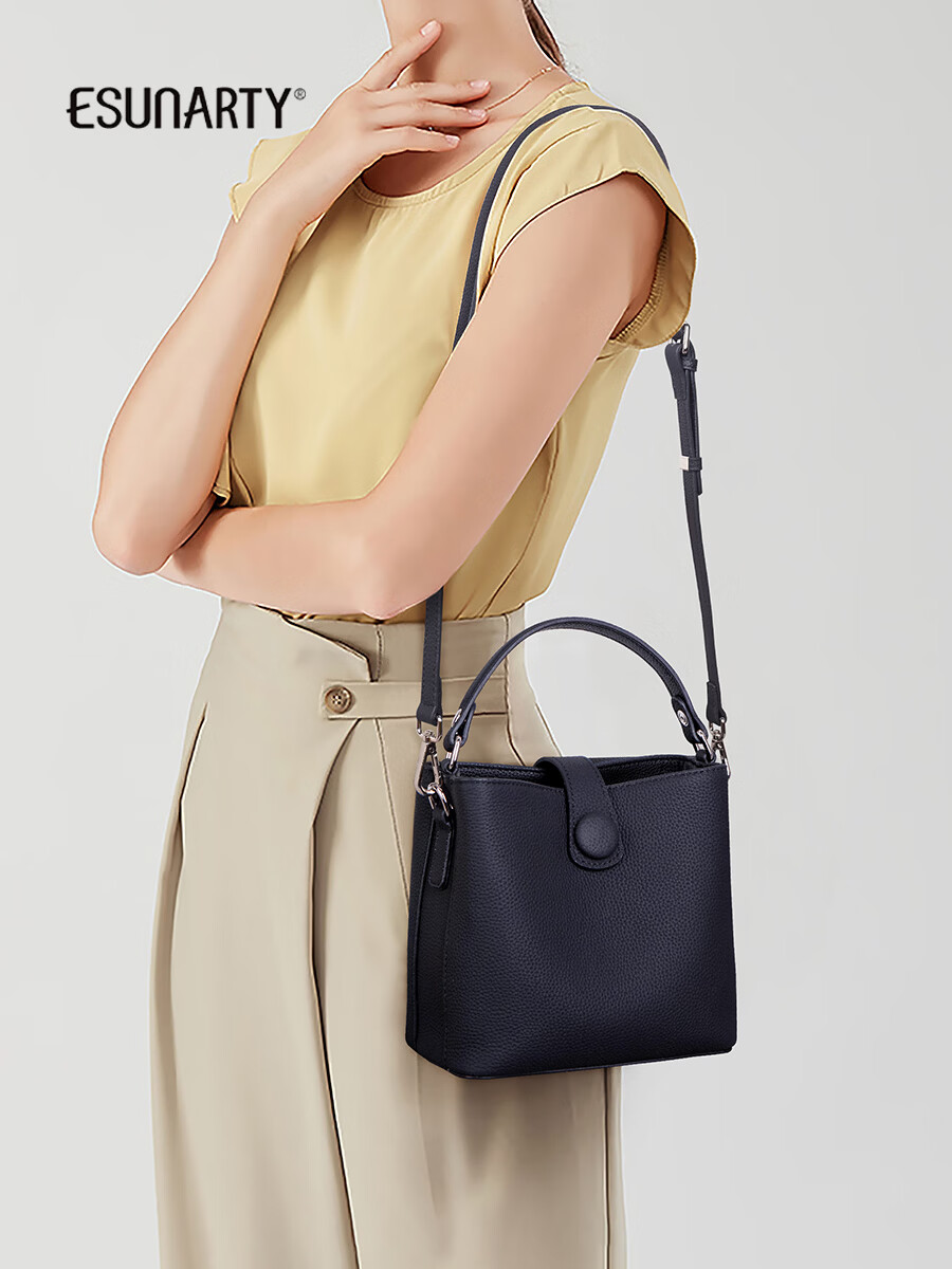 ESUNARTY Genuine Leather Bucket Bag Women 2026 New Handbag Boutique High-End Shoulder Crossbody Bag Birthday Gift for Women 19