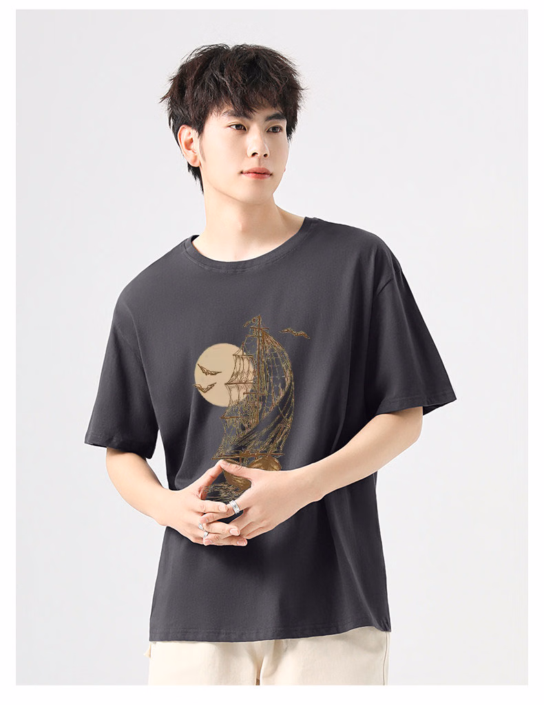 Retro American Short-sleeved T-shirt Men's 2026 New Khaki Casual Loose Summer Cotton Half-sleeved Clothes Top_viptrois.com