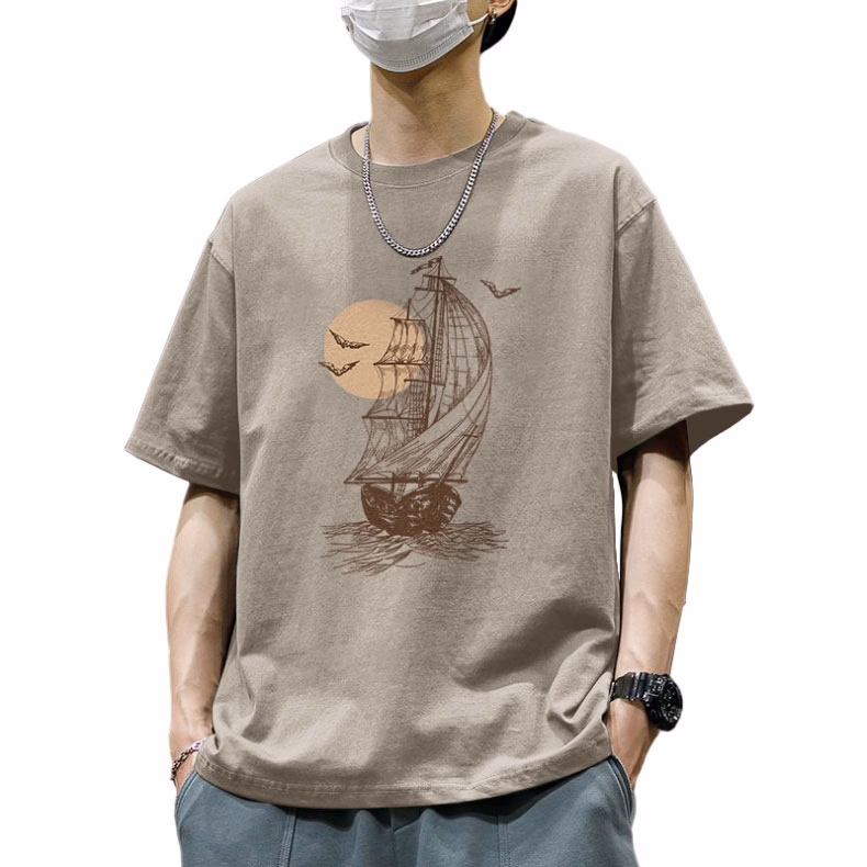 Retro American Short-sleeved T-shirt Men's 2026 New Khaki Casual Loose Summer Cotton Half-sleeved Clothes Top_viptrois.com