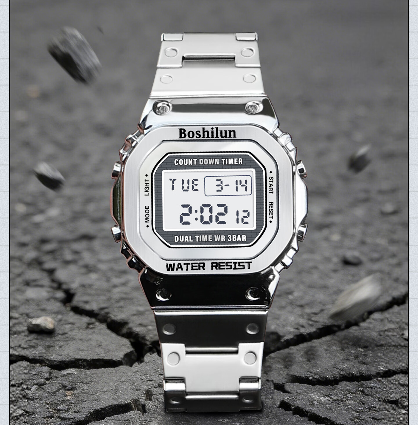 Bausch & Lomb Men's Watch Student Small Square Fashion Trendy High School Alarm Waterproof Multifunctional Sports Digital Watch 13