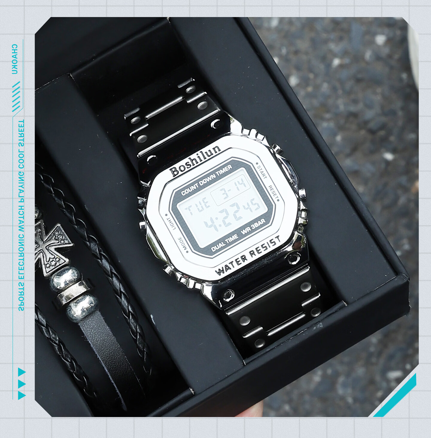 Bausch & Lomb Men's Watch Student Small Square Fashion Trendy High School Alarm Waterproof Multifunctional Sports Digital Watch 21