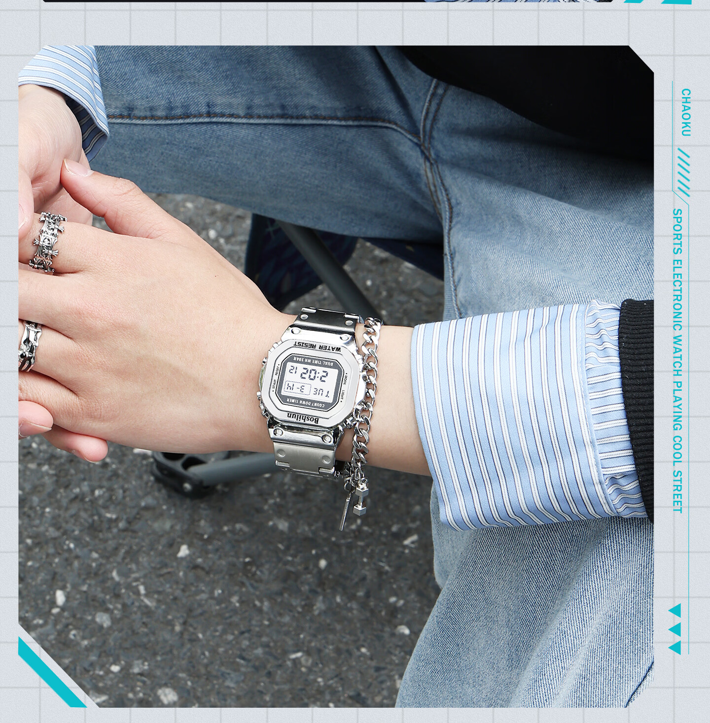 Bausch & Lomb Men's Watch Student Small Square Fashion Trendy High School Alarm Waterproof Multifunctional Sports Digital Watch 20