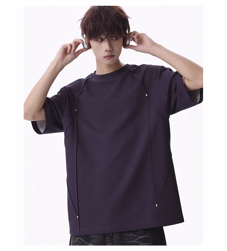 Short-sleeved Men's T-shirt 2026 Summer New Men's Short-sleeved Fashion Rivets Loose And Casual Five-point Round Neck Half-sleeve_viptrois.com