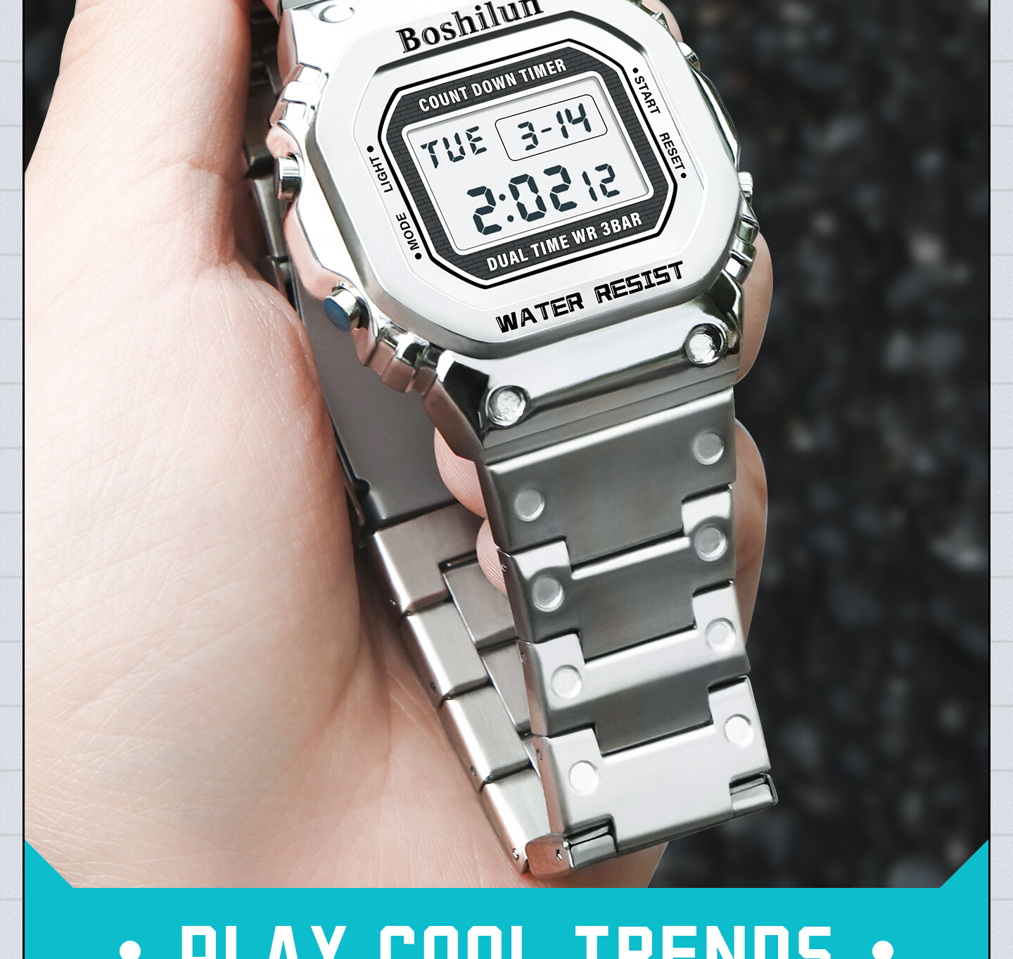 Bausch & Lomb Men's Watch Student Small Square Fashion Trendy High School Alarm Waterproof Multifunctional Sports Digital Watch 8