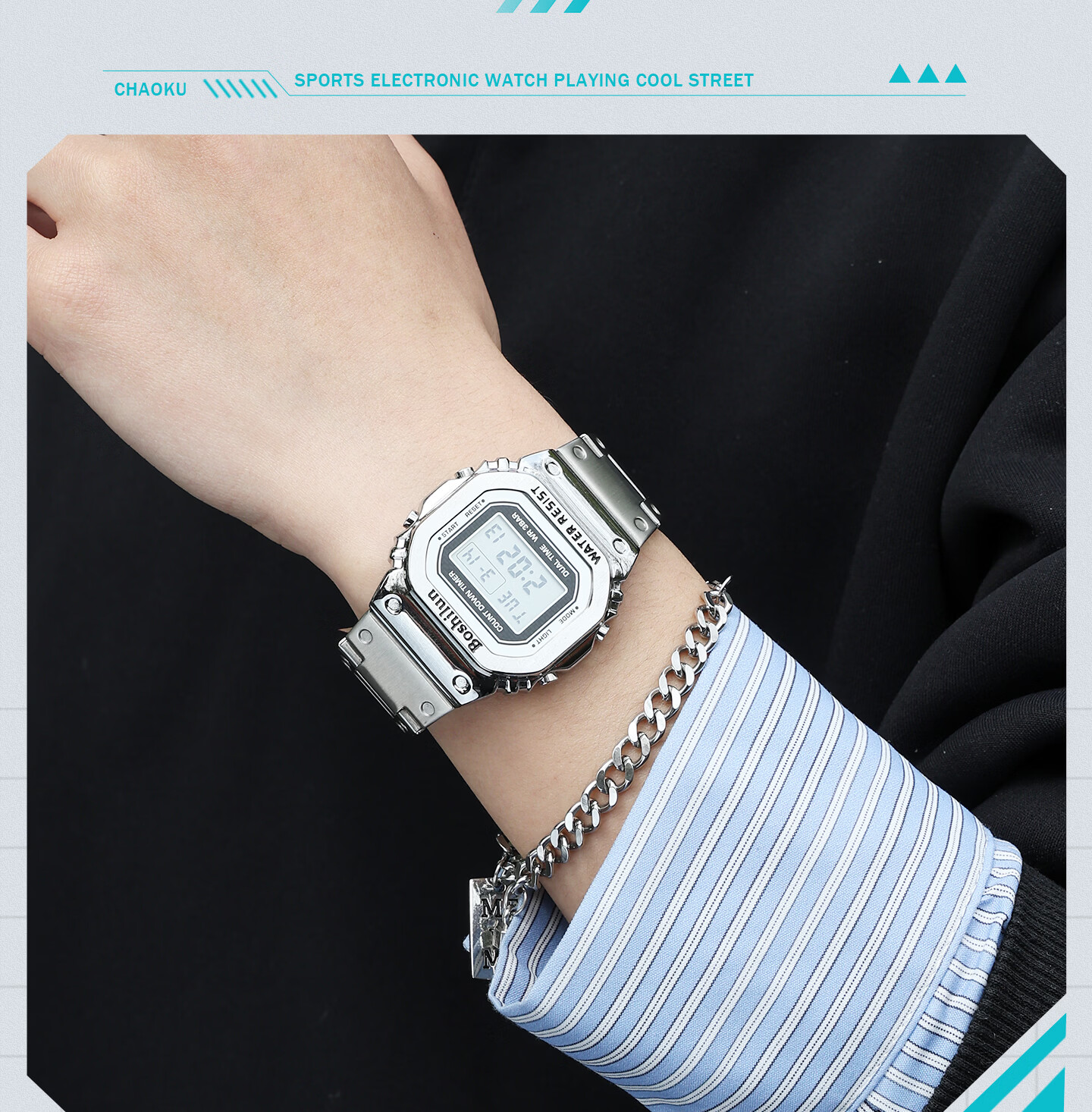 Bausch & Lomb Men's Watch Student Small Square Fashion Trendy High School Alarm Waterproof Multifunctional Sports Digital Watch 19
