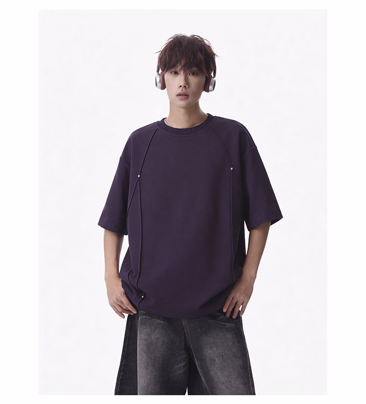 Short-sleeved Men's T-shirt 2026 Summer New Men's Short-sleeved Fashion Rivets Loose And Casual Five-point Round Neck Half-sleeve_viptrois.com