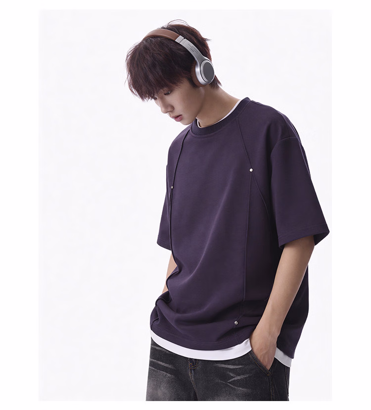 Short-sleeved Men's T-shirt 2026 Summer New Men's Short-sleeved Fashion Rivets Loose And Casual Five-point Round Neck Half-sleeve_viptrois.com