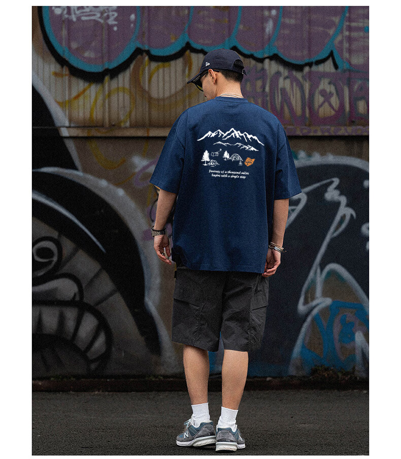 GELANYIFU Men's Short Sleeve T-Shirt Summer Japanese Style Loose Trendy American Casual Heavyweight Pure Cotton Basic Tee 8