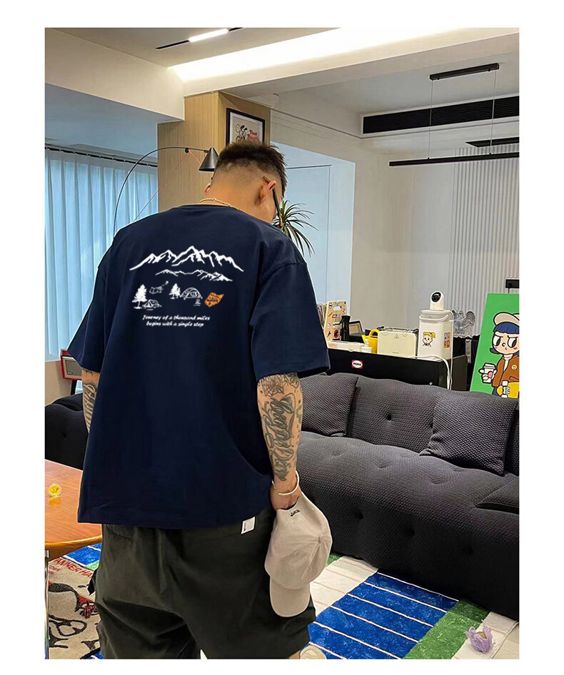 GELANYIFU Men's Short Sleeve T-Shirt Summer Japanese Style Loose Trendy American Casual Heavyweight Pure Cotton Basic Tee 17