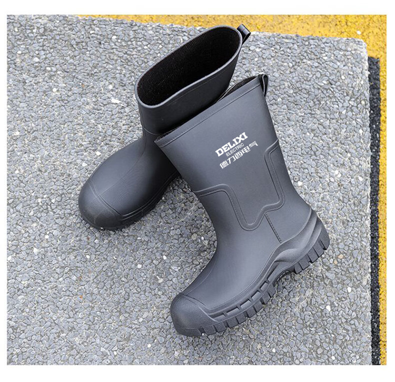 Delixi Electric Fashion Women's Rain Boots Black Mid-Calf 25CM Adult PVC Waterproof Slip-Resistant Durable Water Shoes 17