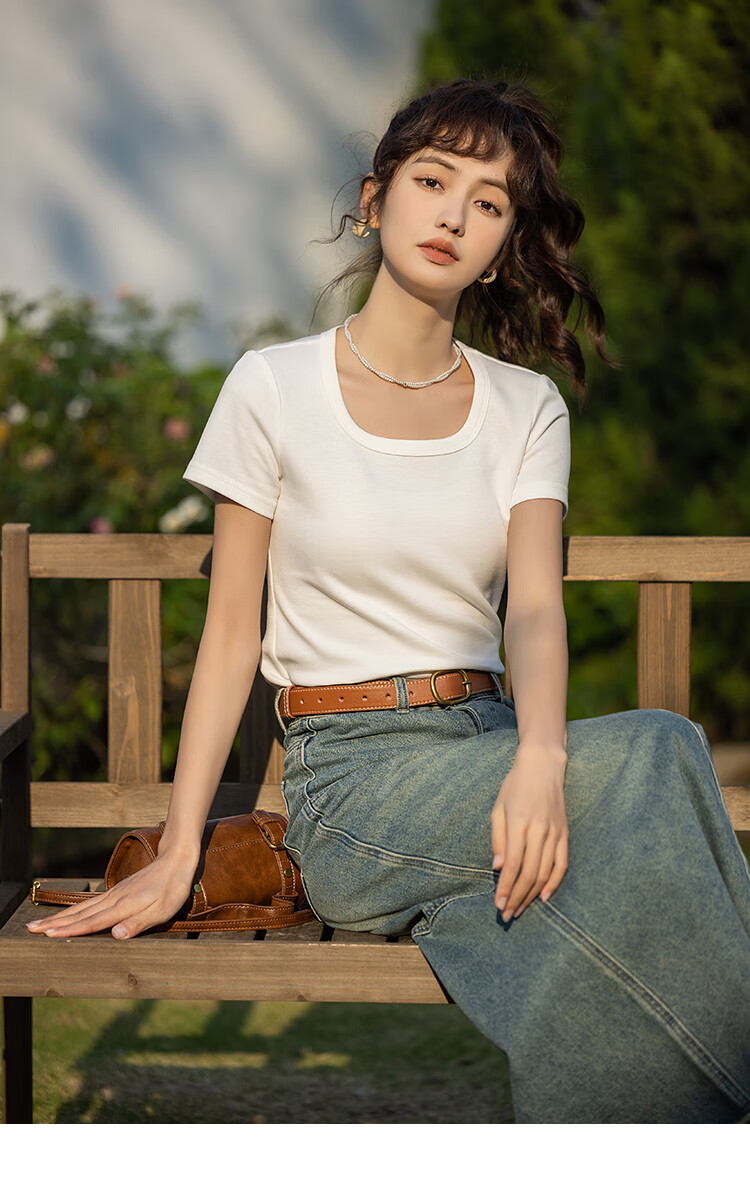 Mishow [] Women's Square Neck Short Sleeve T-Shirt 2026 Spring Summer New High-End Crop Top 56