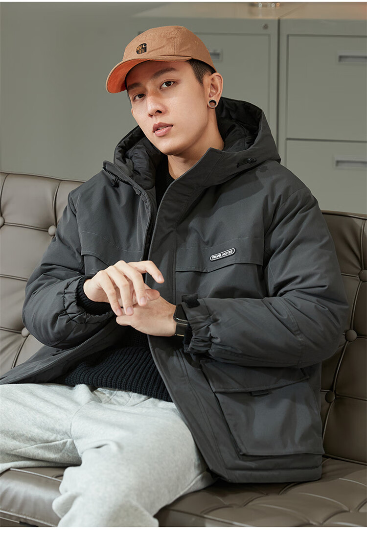 TonLion 2025 Winter New Men's Hooded Short Workwear Cotton Jacket with Chest Logo Thickened Coat 2