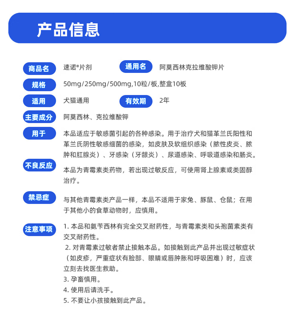 7，速諾貓咪狗狗通用消炎片阿莫西林250mg消炎片阿莫西林消炎片尅拉維酸鉀 皮膚外用/消炎套餐