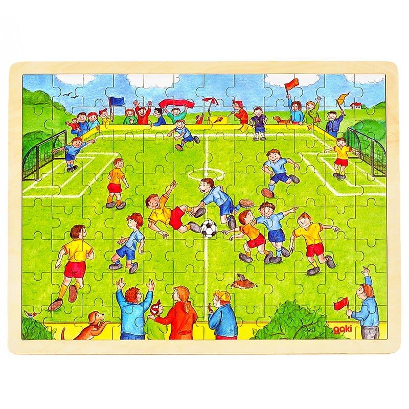 фото Wooden jigsaw puzzle with storage tray goki puzzle football96pcs