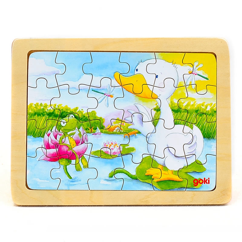 фото Wooden jigsaw puzzle with storage tray goki puzzle animal duck24pcs