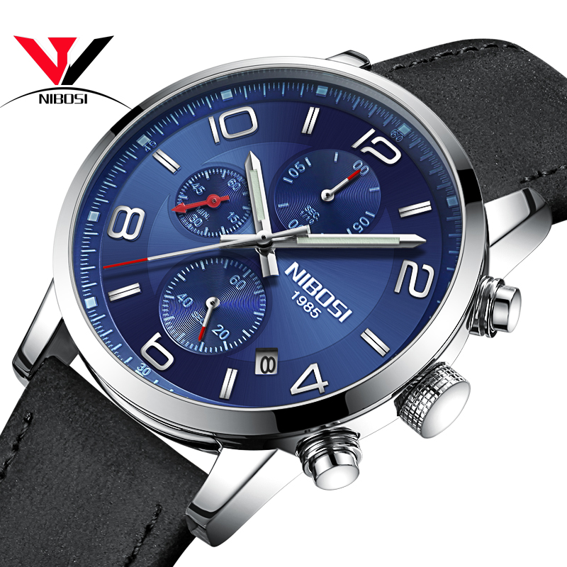 

NIBOSI Голубые черные кожаные мужские часы, вахта wristwatch вахты