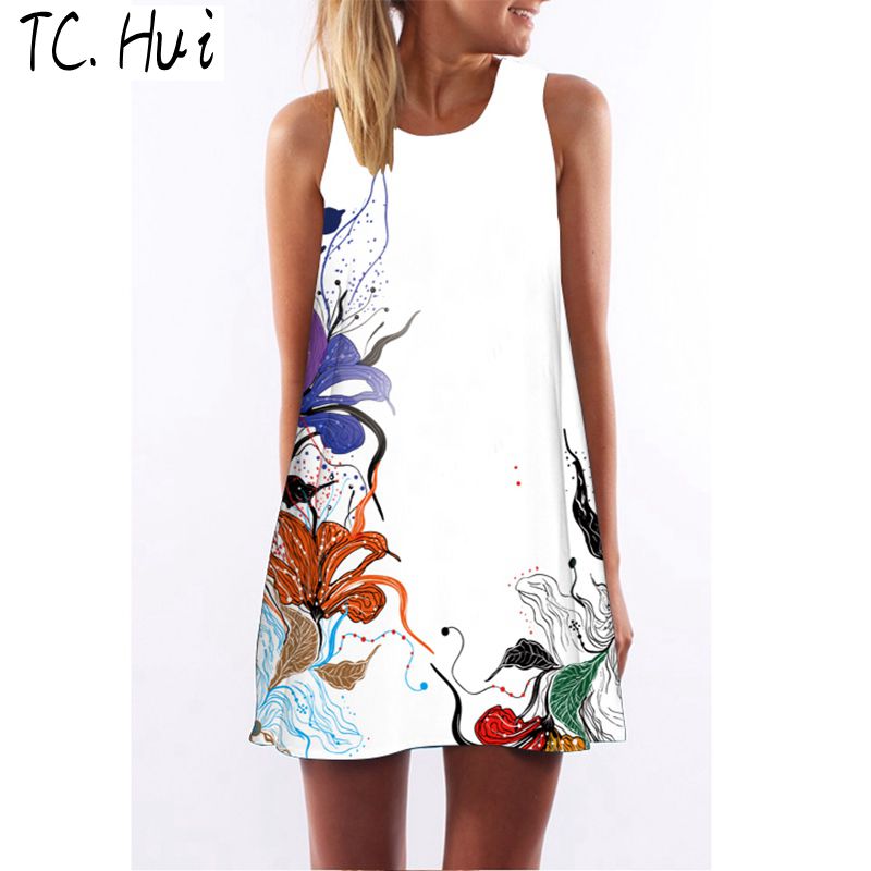 

TCHui, Vintage dress Vintage summer dress Женщины vestidos casual Печать без рукавов