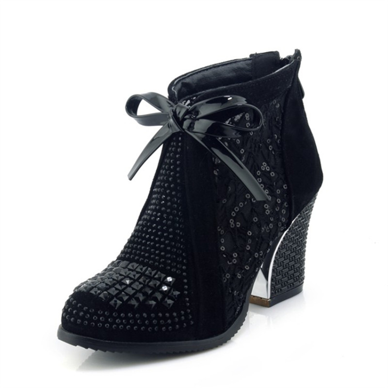 

MSLNCORP Black 10, Сапоги Женские лодыжки Кружева Кожаные ботинки Каблук Подлинная Высокая летняя мода Сапатос