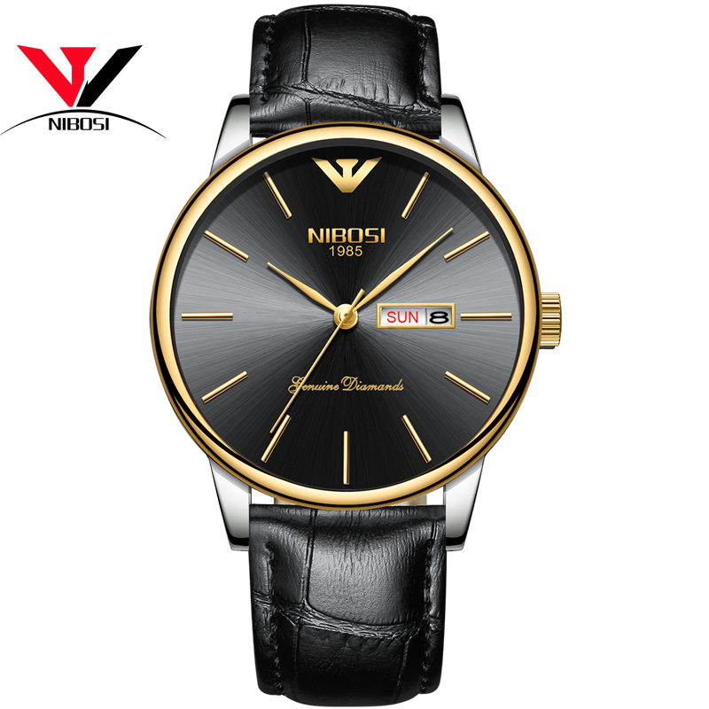 

NIBOSI Черный DialGolden Edge кожаный пояс Мужские часы, мужчины смотрят с датой и днем