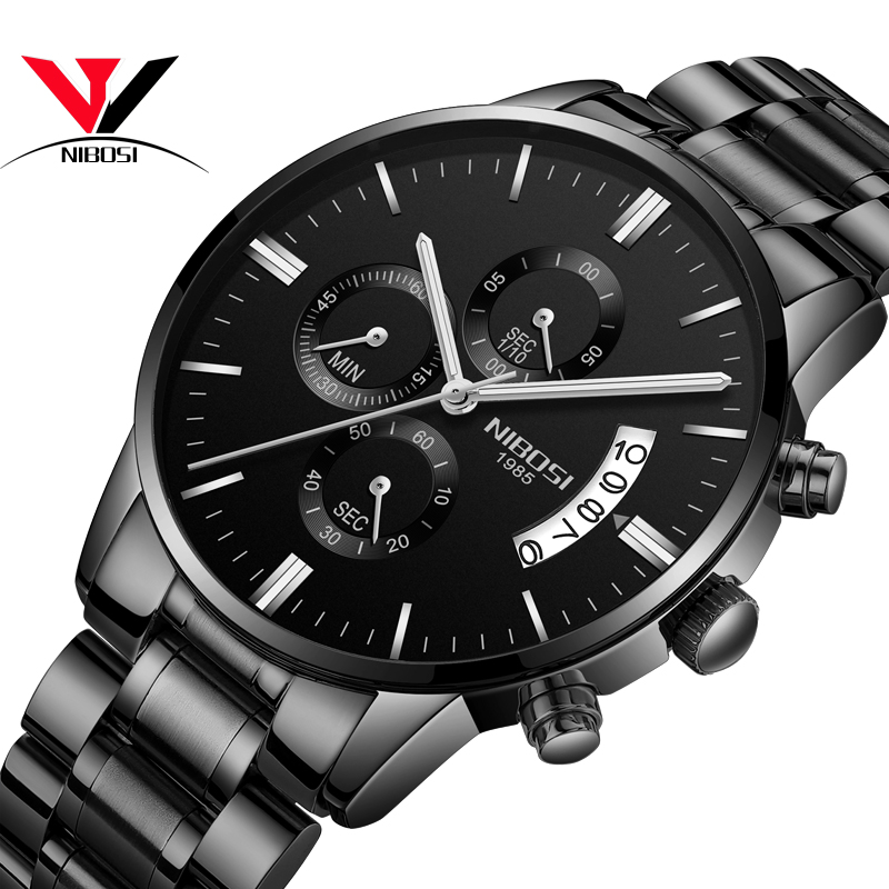 

NIBOSI Black Dial Steel Belt Male Watch, кварцевые наручные часы моды