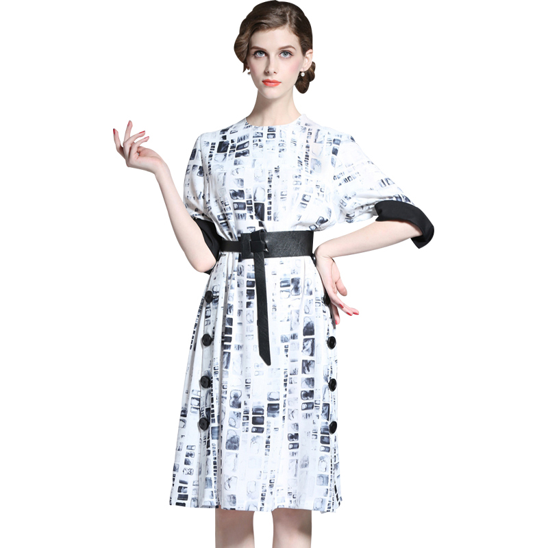 

BURDULLY Сливочный белый, BURDULLY Ink Print Размер платья Big 2018 Summer Chinese Style Dress Высокие