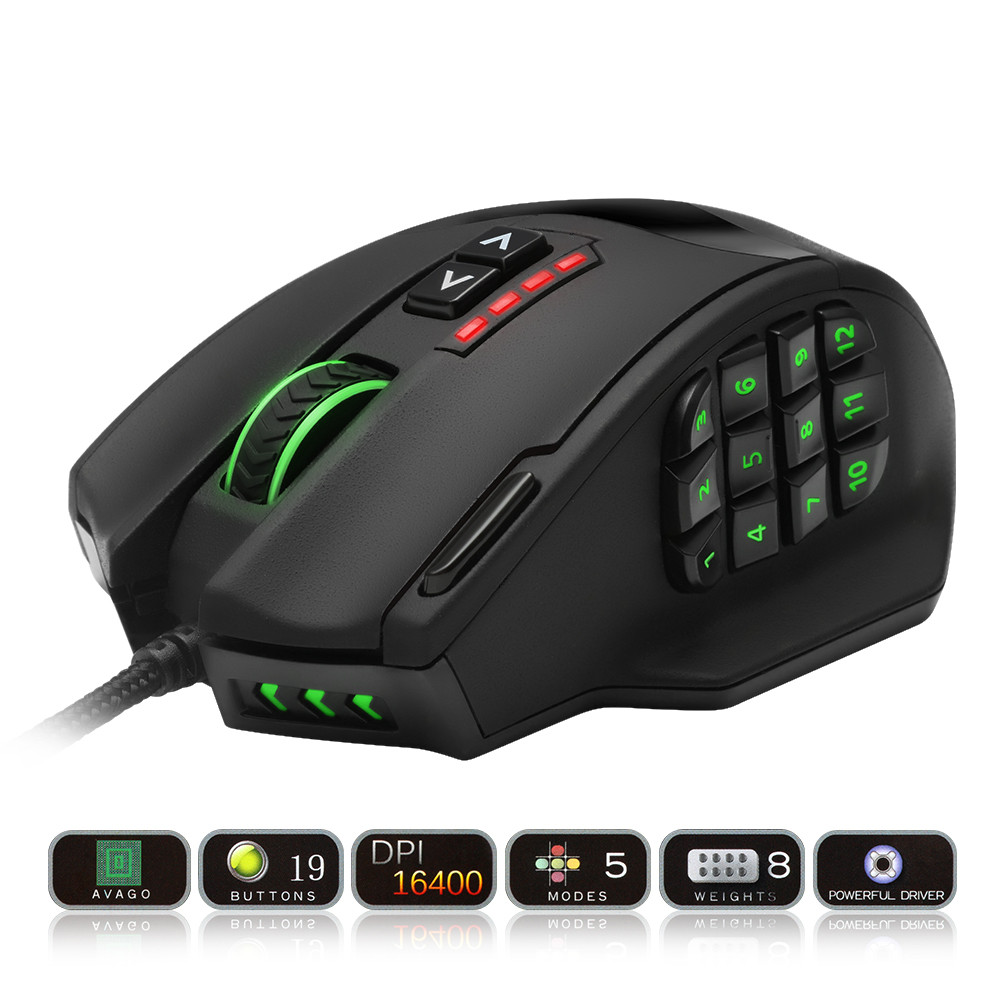 

ROCKETEK, USB Gaming Mouse 16400 DPI 19 кнопок эргономичный дизайн для настольного компьютера