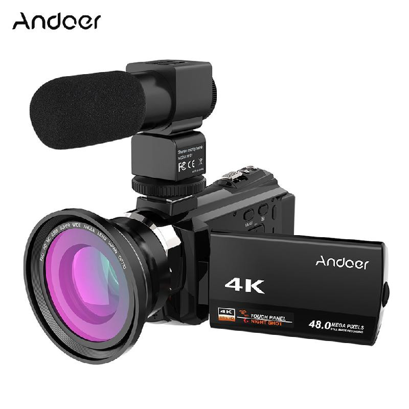 

ANDOER черный, Цифровая видеокамера 4K с внешним микрофоном