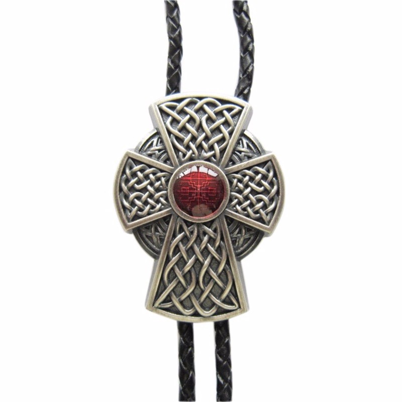 

JEANS FRIEND Black, Vintage Plated Celtic Red Enamel Cross Knot Wedding Bolo Tie