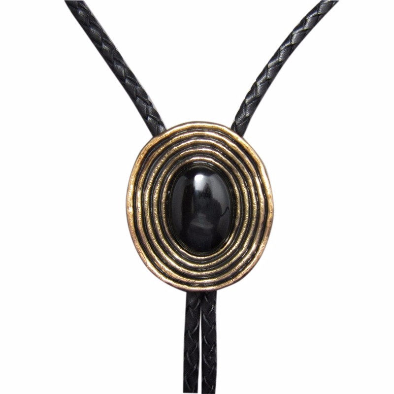 

JEANS FRIEND Black, Vintage Plated Nature Black Obsidian Stone Bolo Tie Leather Necklace