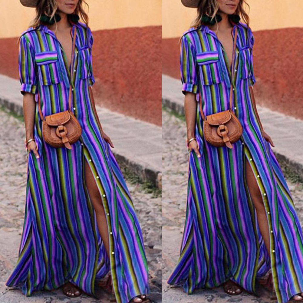 

CANIS Голубое небо, Women Boho Floral Maxi Long Dress Summer Evening Party Beach Sundress