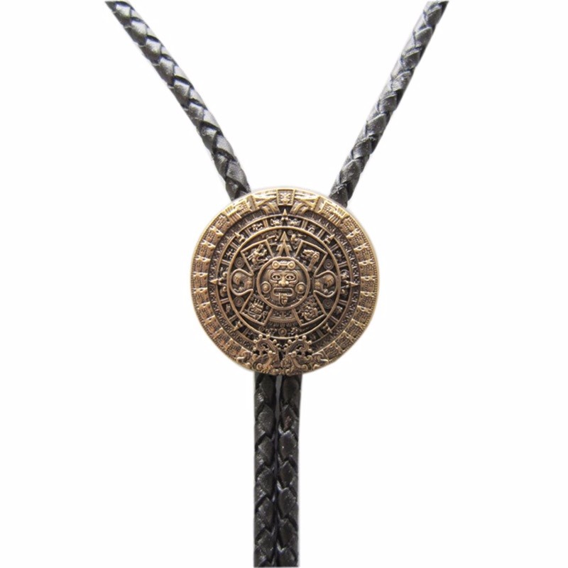 

JEANS FRIEND Black, Vintage Plated Aztec Calendar Wedding Bolo Tie Leather Necklace