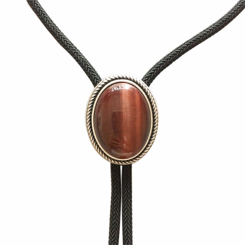 

JEANS FRIEND Black, Vintage Plated Nature Red Tiger Eye Stone Western Oval Bolo Tie Stock в США