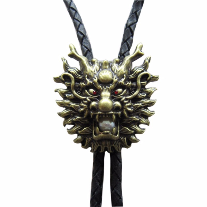 

JEANS FRIEND Black, Vintage Bronze Plated Real White Pearl Dragon Bolo Tie Leather Necklace