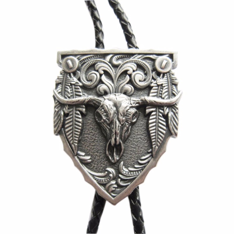 

JEANS FRIEND Black, Vintage Plated Western Rodeo Bull Bolo Tie Leather Necklace