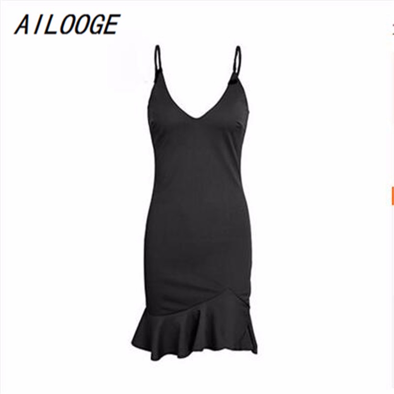 

AILOOGE черный, Sexy v neck ruffle ремешок мини-платья женщин Тощее черное платье русалки