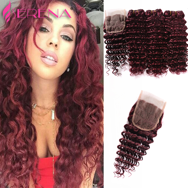 

anruina 10 12 14 с 10, 7a Red 99j Deep Curly Virgin Hair с закрытием