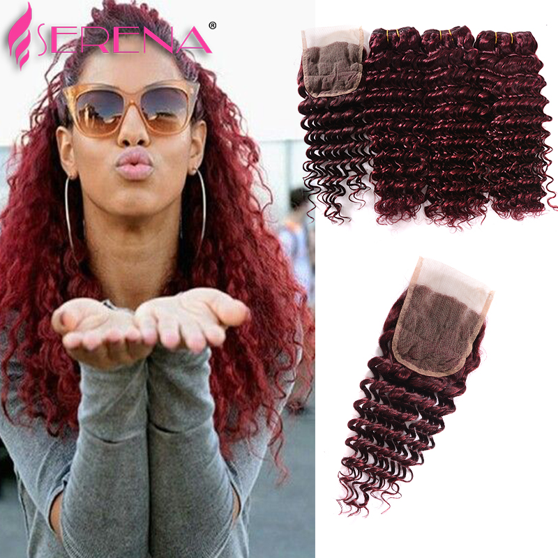 

anruina 24 24 24 с 20, 7a Red 99j Deep Curly Virgin Hair с закрытием