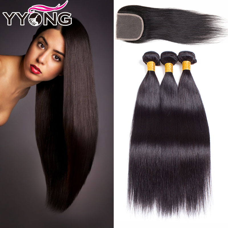 

YYONG Естественный цвет 14 16 18 с 14, Бразильские прямые волосы бразильские девственные волосы прямые с закрытием кружева с закрытием