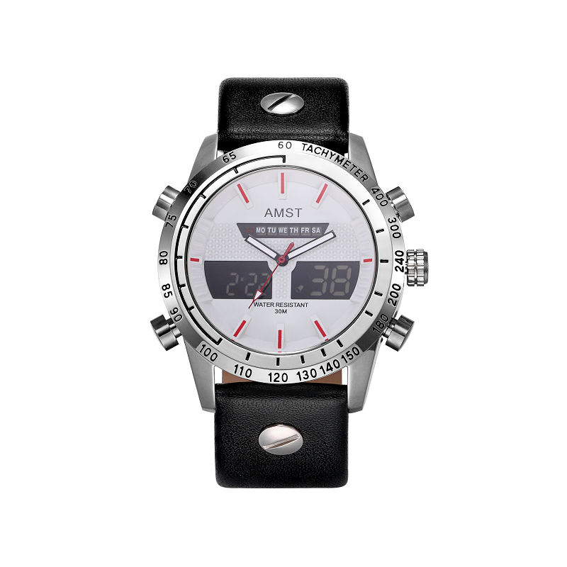 

AMST белый Dial Leather Belt Male Watch B, 2017 Новый режим кварцевых светодиодных цифровых часов Double Dispaly Wa