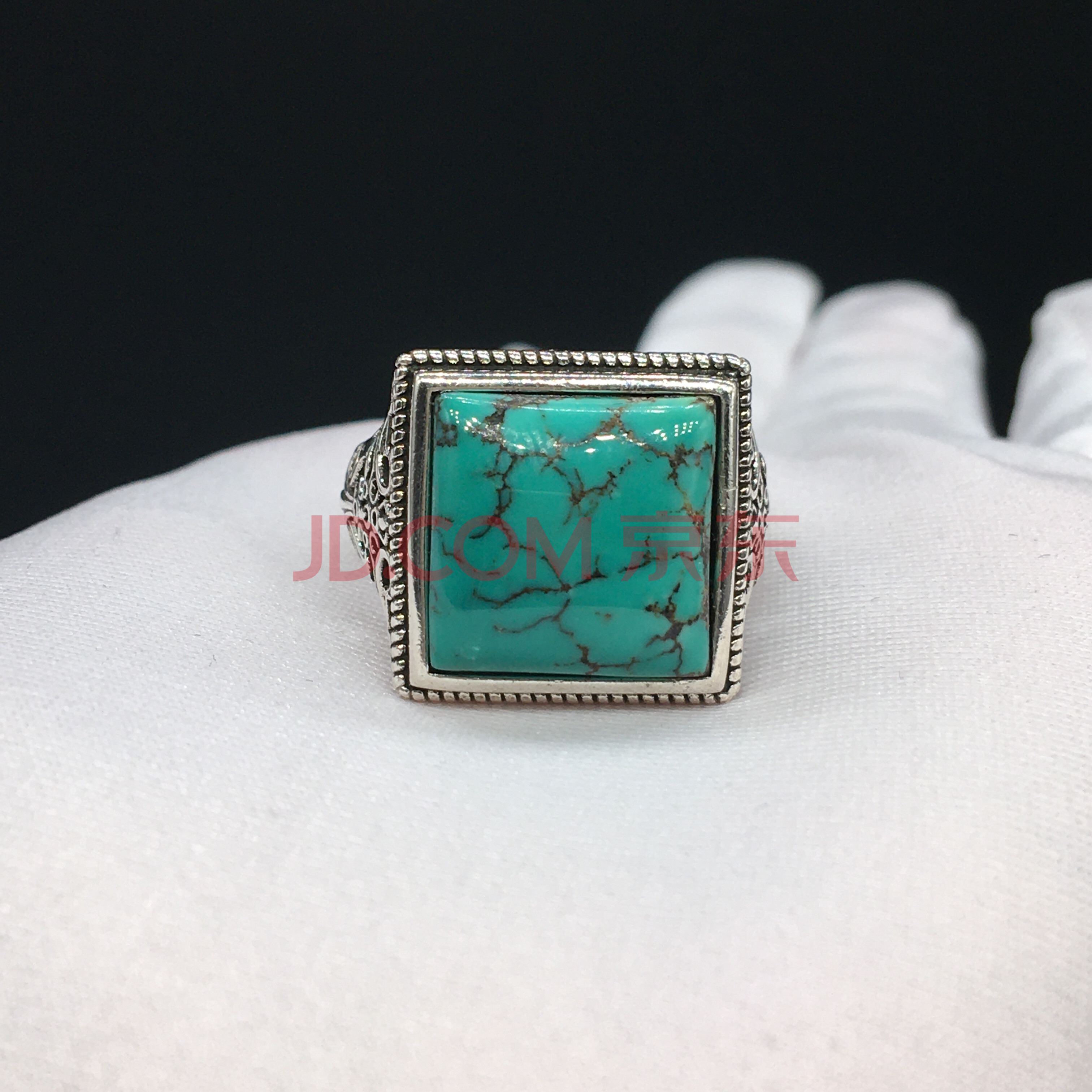 湖北竹山精品高瓷蓝正品银镶嵌绿松石精美方形戒指珠宝首饰礼物带证书
