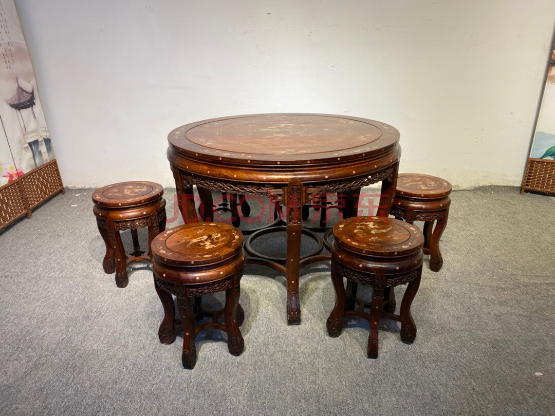 标的物ly42844黄花梨木镶嵌贝壳圆桌六件套