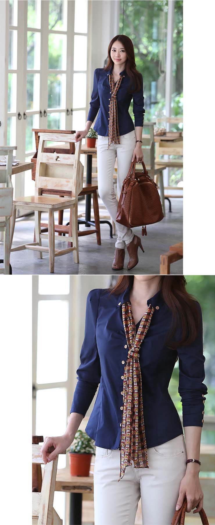 淑女阁 2013春装 新品韩版百搭通勤时尚修身纯色 职业翻领衬衫上衣 y9