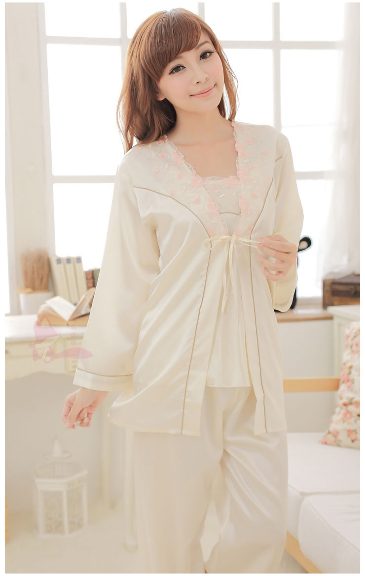 小狐依依 2013女士春夏季新娘的美意仿丝长袖吊带长裤三件套睡衣家居