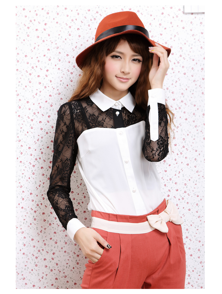 昕薇女装2013春季新款韩版修身长袖衫蕾丝衬衫 y431056 牛仔蓝 s