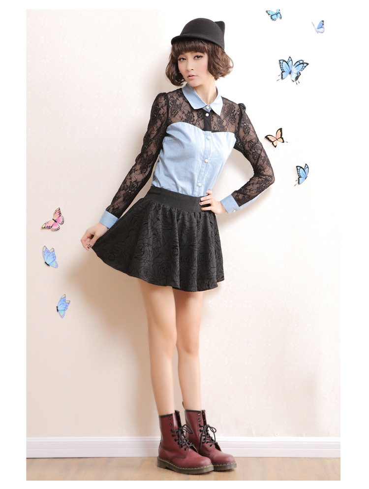 昕薇女装2013春季新款韩版修身长袖衫蕾丝衬衫 y431056 牛仔蓝 s