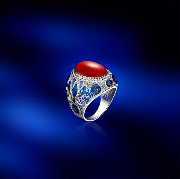 燕京八绝 纯手工精制花丝镶嵌烧蓝 红玛瑙戒指