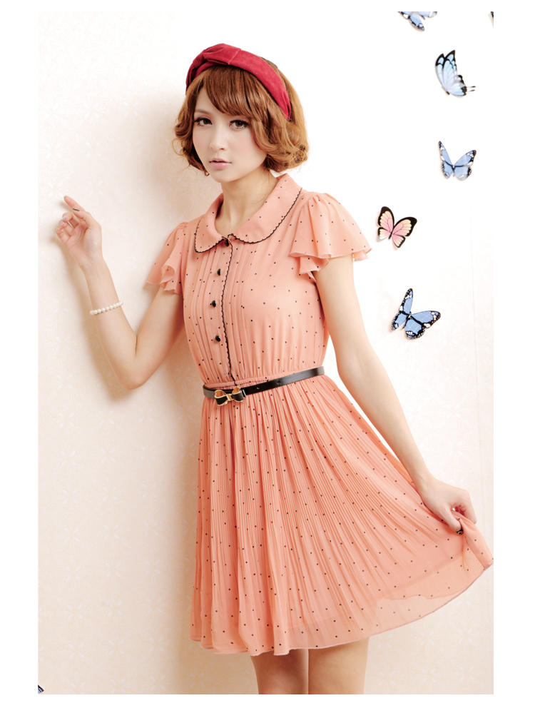 昕薇2013春夏装新款女装裙子短袖娃娃领波点雪纺连衣裙夏季 q331040