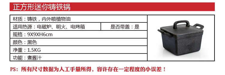 
                                        意彩(ECOHOUSE) 正方形西式迷你奶锅 铸铁锅煮酱汁 补铁直径9CM高6CM                